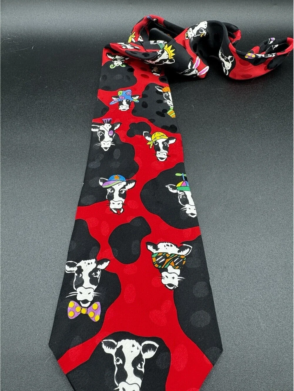 Vintage Rosetti Silk Cow Tie Novelty Farm Animal Red Black 56” x 3.75”